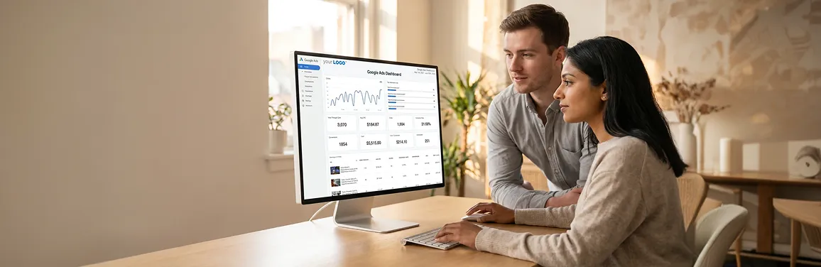 Pay-per-click specialists reviewing live Google Ads campaign dashboards together, natural morning light, screen glow, focused engagement Pay-per-click specialists reviewing live Google Ads campaign dashboards together, natural morning light, screen glow, focused engagement