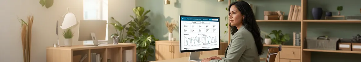 Marketing director reviewing a healthy pay-per-click dashboard with return on ad spend climbing and cost per acquisition falling, monitor glow, afternoon office light Marketing director reviewing a healthy pay-per-click dashboard with return on ad spend climbing and cost per acquisition falling, monitor glow, afternoon office light