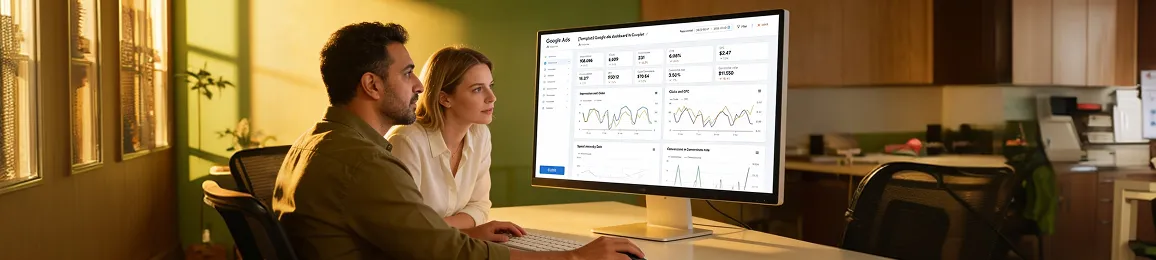 Two pay-per-click specialists reviewing campaign return-on-ad-spend results on large monitor, screen glow illuminating faces, focused and satisfied