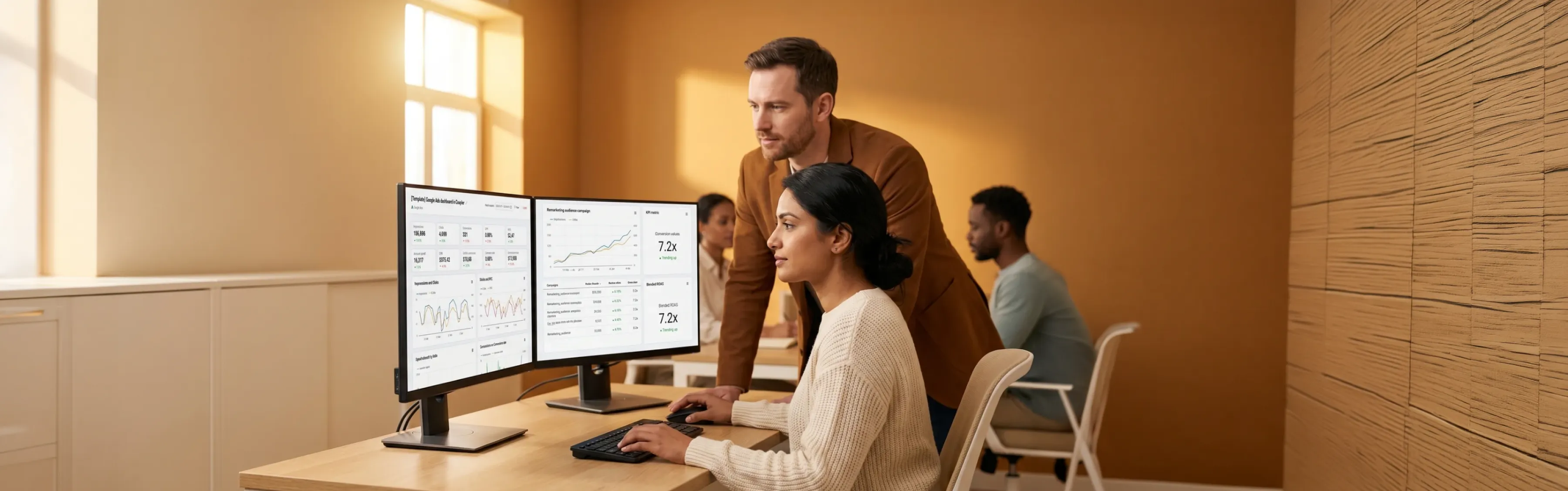 Marketing analyst reviewing retargeting campaign dashboard on dual monitors with natural side-lighting