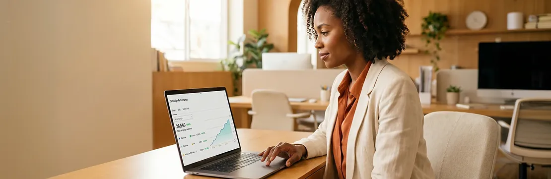 Email marketing specialist reviewing campaign performance metrics on laptop with warm natural window light Email marketing specialist reviewing campaign performance metrics on laptop with warm natural window light