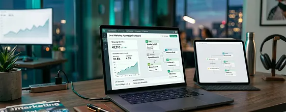 Small marketing team reviewing email automation flow builder on shared monitor with natural overhead office light Small marketing team reviewing email automation flow builder on shared monitor with natural overhead office light