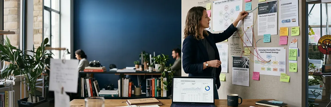Content strategist reviewing editorial calendar and article briefs on large monitor with warm morning office light Content strategist reviewing editorial calendar and article briefs on large monitor with warm morning office light