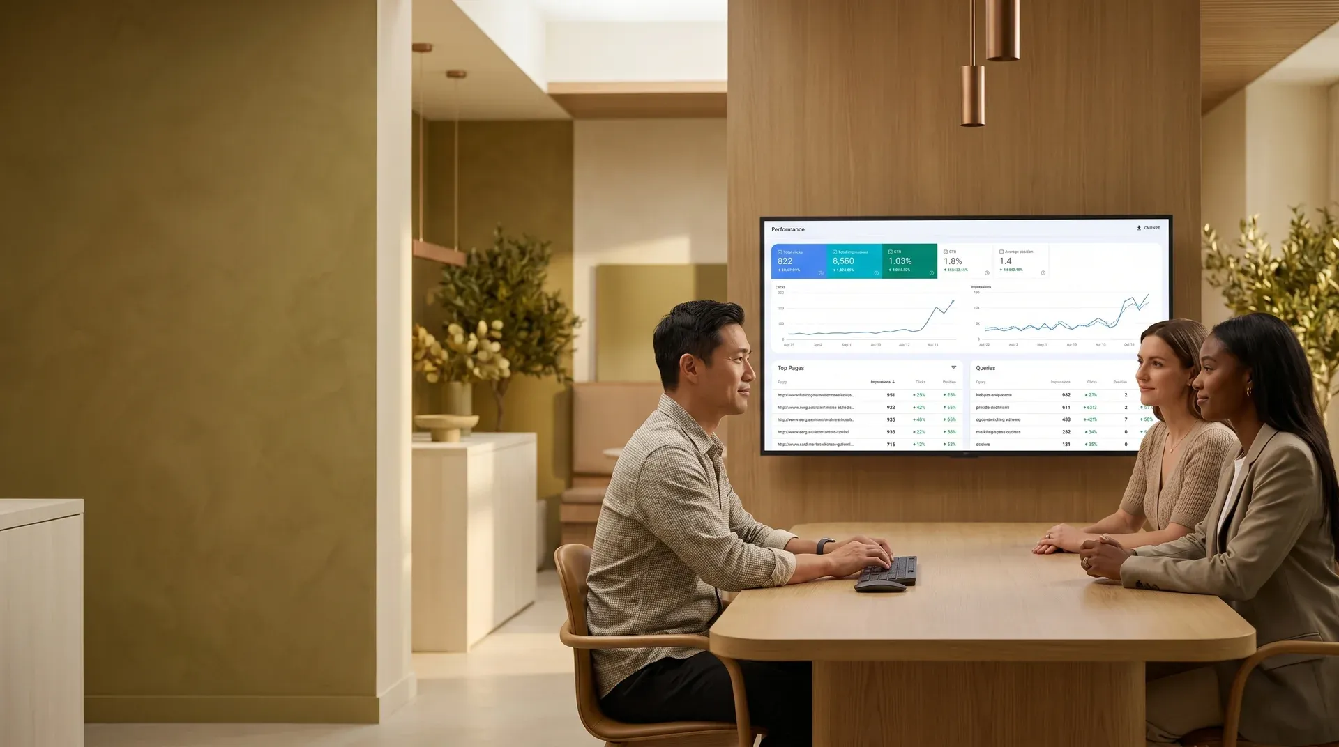 Analytics team reviewing organic traffic growth chart on dashboard screen, side profile, natural overhead light Analytics team reviewing organic traffic growth chart on dashboard screen, side profile, natural overhead light