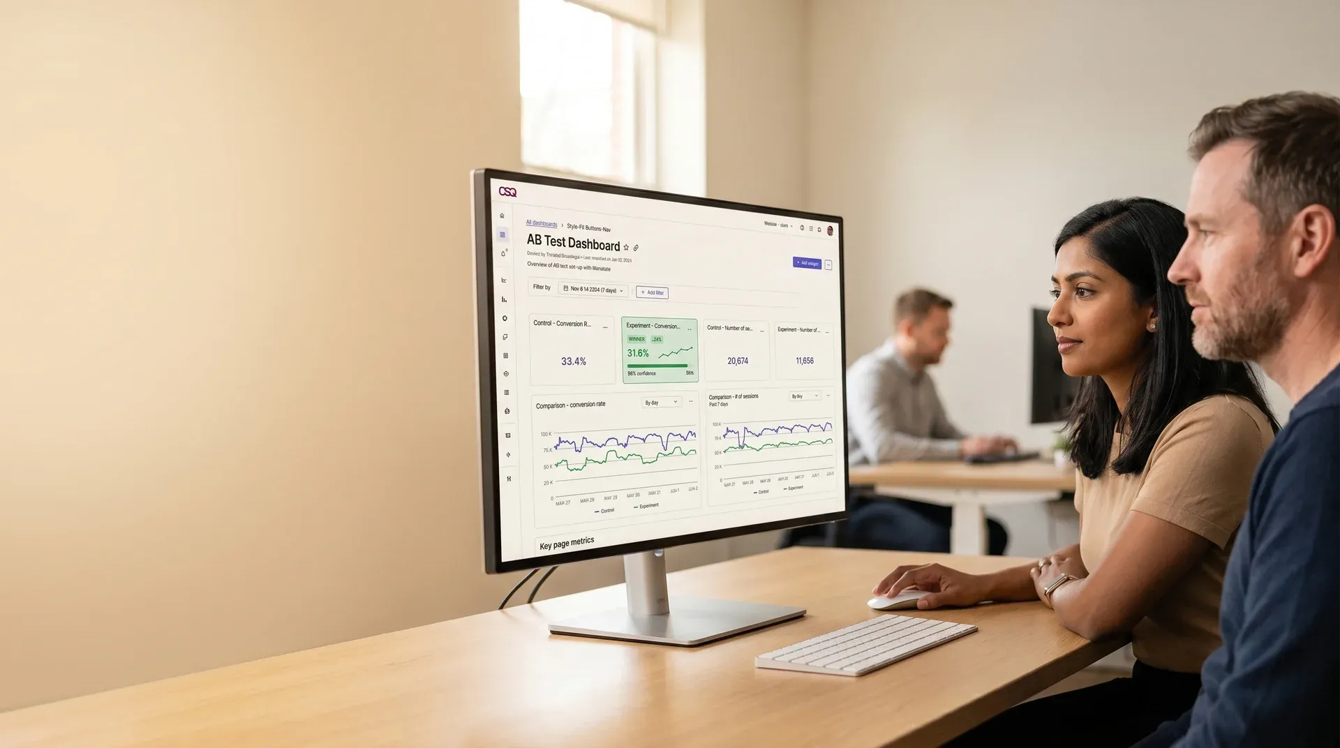 Analytics and user experience team reviewing ecommerce conversion rate data on large monitors Analytics and user experience team reviewing ecommerce conversion rate data on large monitors