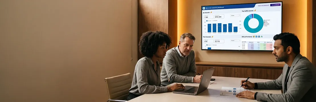 Marketing strategy consulting team reviewing integrated channel performance map spread on conference table with warm overhead lighting Marketing strategy consulting team reviewing integrated channel performance map spread on conference table with warm overhead lighting