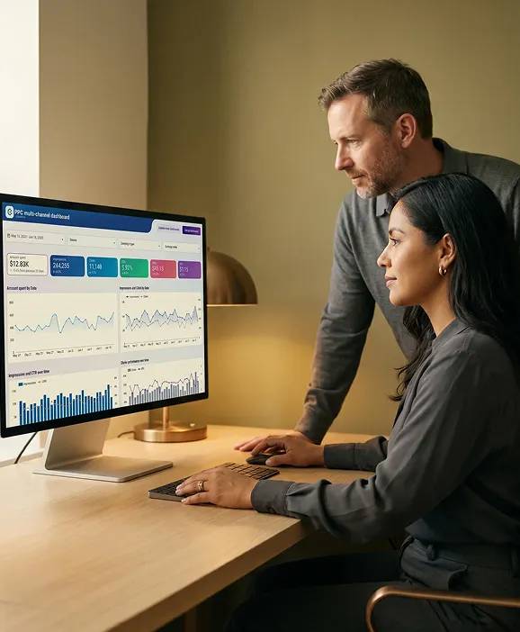 Operations and marketing team reviewing multi-channel revenue growth dashboard on large screen with screen glow illumination Operations and marketing team reviewing multi-channel revenue growth dashboard on large screen with screen glow illumination