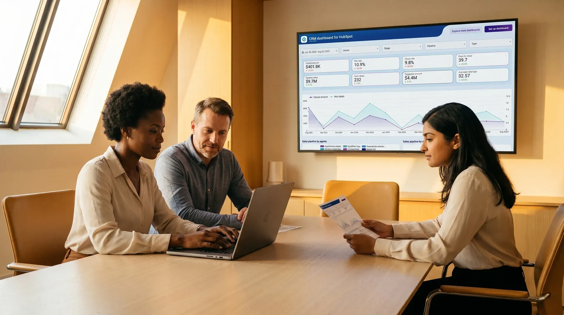 Business-to-business sales and marketing team reviewing live pipeline data on screens in modern meeting room, natural window light, side angle