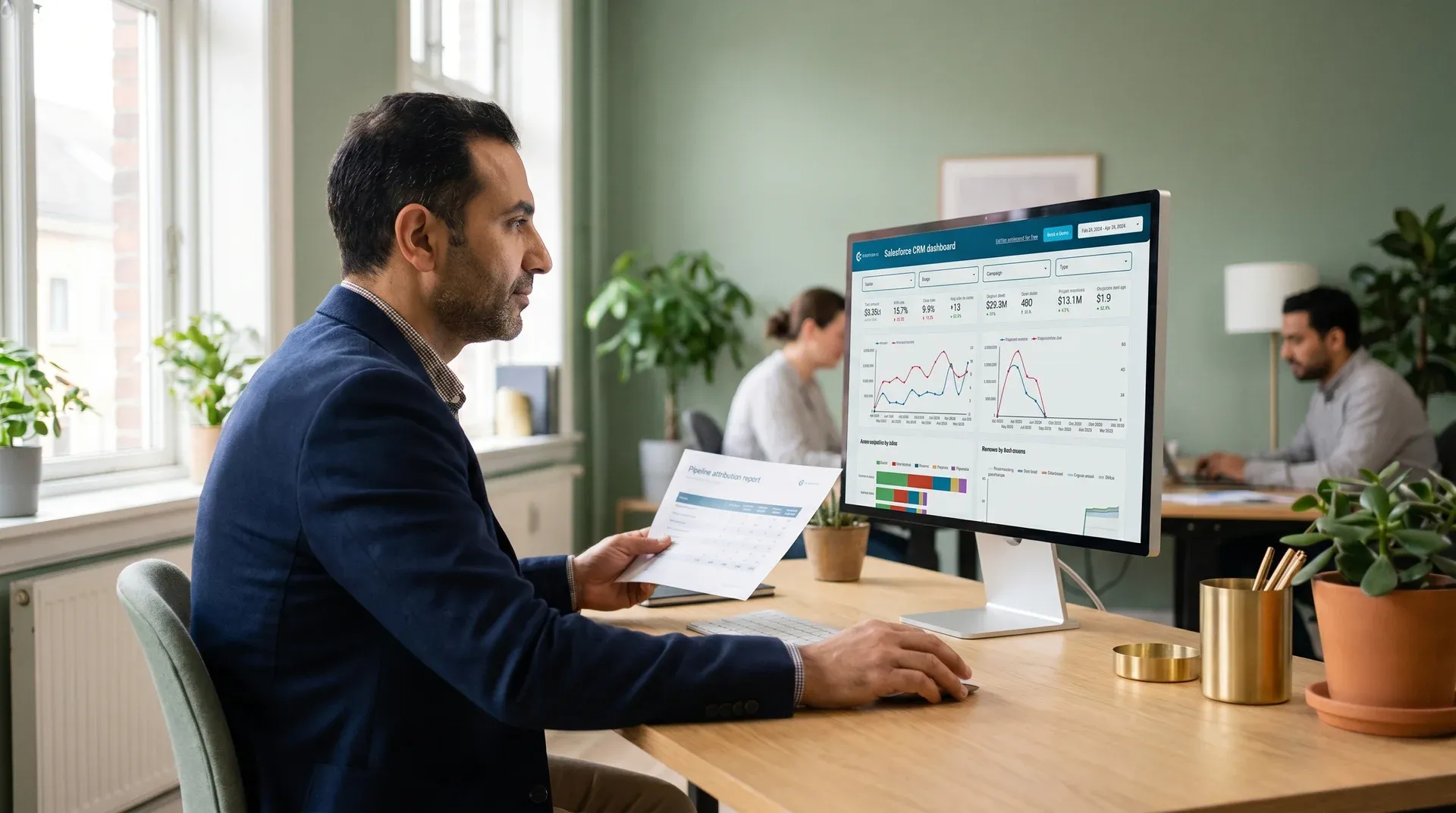 Business-to-business marketing strategist reviewing pipeline attribution data on monitor at desk, focused expression, natural window light