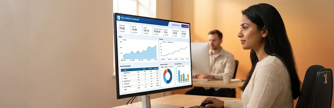 Digital marketing analyst reviewing GA4 attribution dashboard with screen glow lighting, side angle, focused expression Digital marketing analyst reviewing GA4 attribution dashboard with screen glow lighting, side angle, focused expression