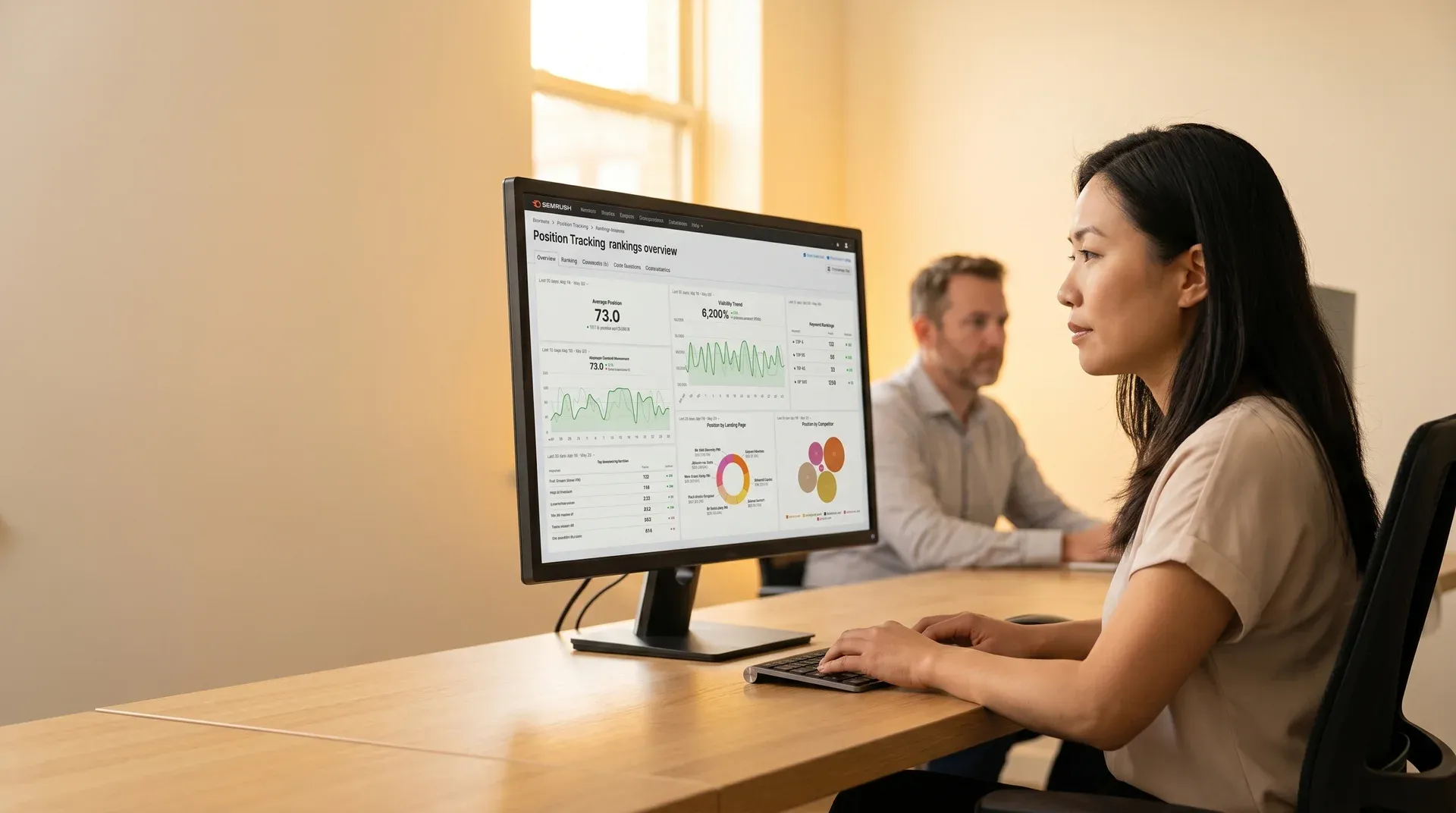 Search engine optimization analyst reviewing keyword ranking data on a wide monitor with screen glow lighting, side angle, focused expression Search engine optimization analyst reviewing keyword ranking data on a wide monitor with screen glow lighting, side angle, focused expression