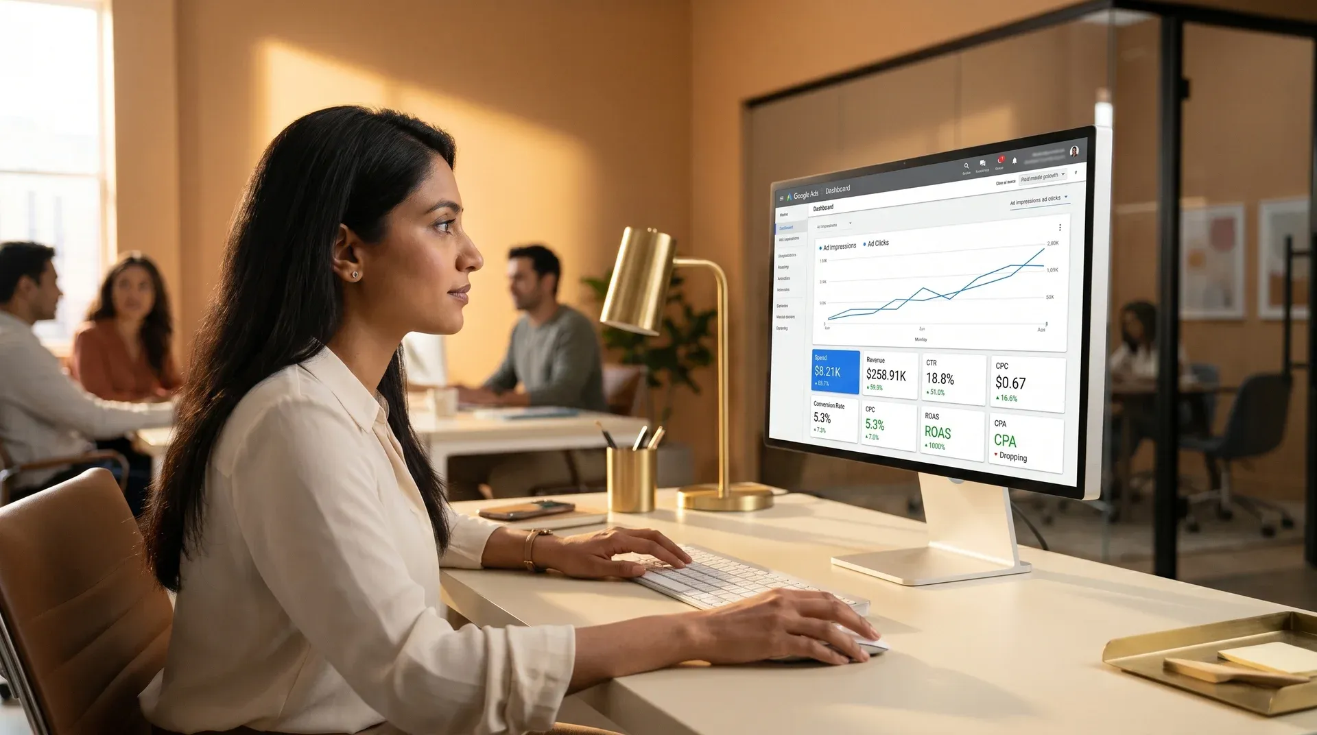 Paid media specialist reviewing Google Ads campaign performance on wide monitor, screen glow lighting, side angle Paid media specialist reviewing Google Ads campaign performance on wide monitor, screen glow lighting, side angle