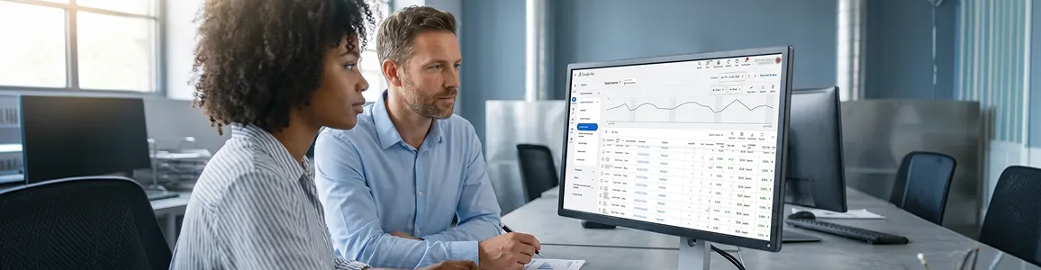 Two-person paid media team reviewing Google Ads campaign waste report on monitor with screen glow lighting, focused concerned expressions Two-person paid media team reviewing Google Ads campaign waste report on monitor with screen glow lighting, focused concerned expressions