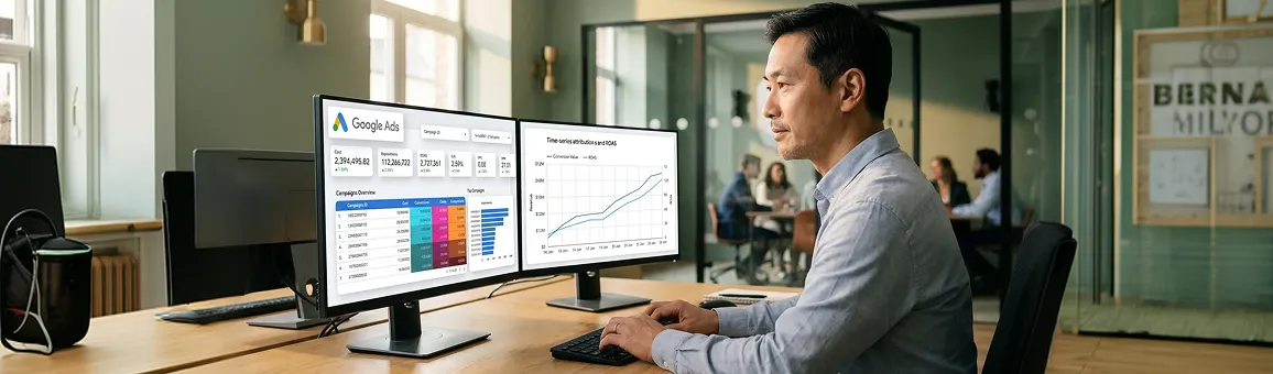 Paid media analyst reviewing Google Ads return on ad spend attribution dashboard on dual monitors with screen glow key light, side angle view Paid media analyst reviewing Google Ads return on ad spend attribution dashboard on dual monitors with screen glow key light, side angle view