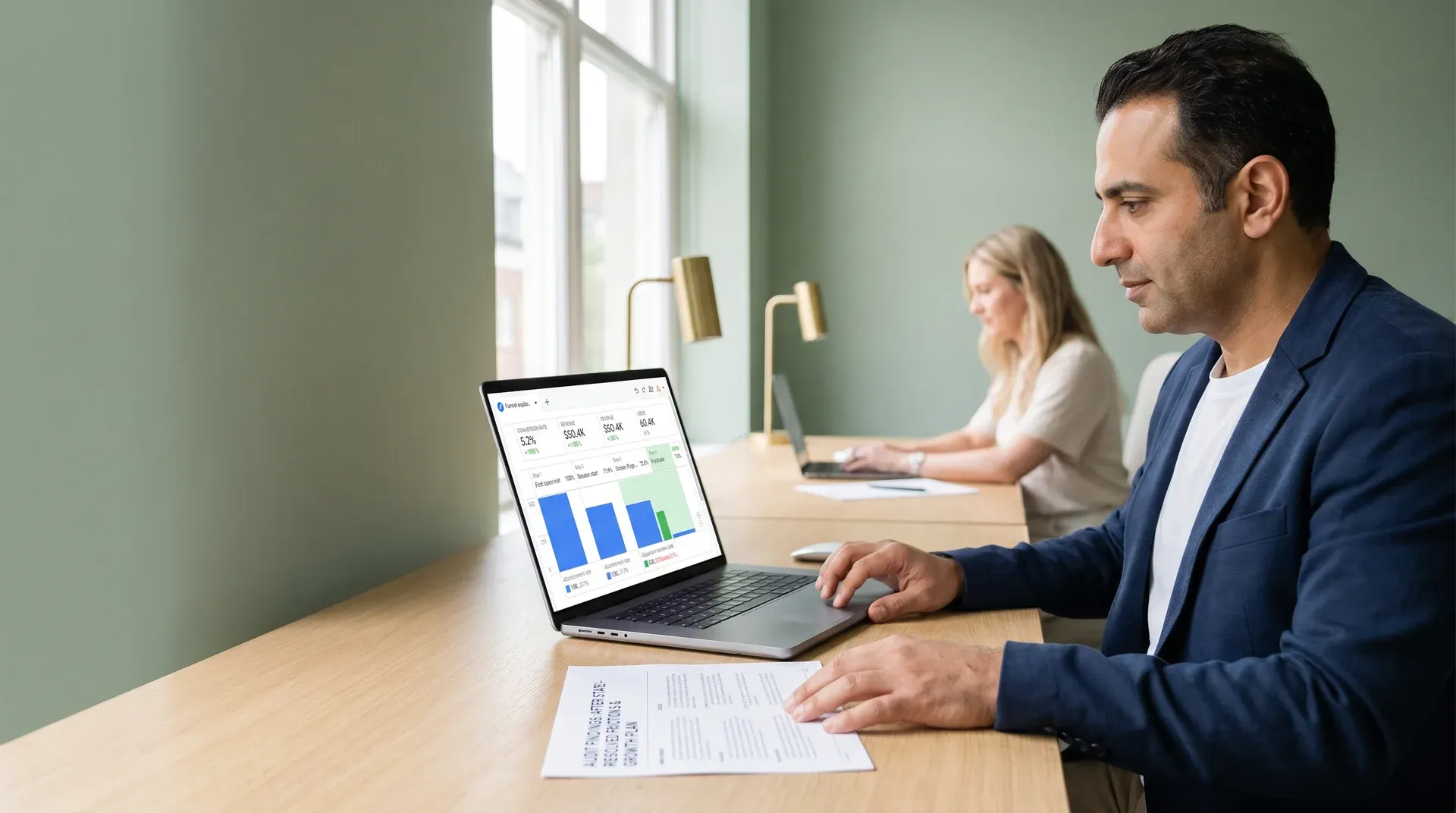 Conversion audit strategist reviewing printed findings document at desk with natural light