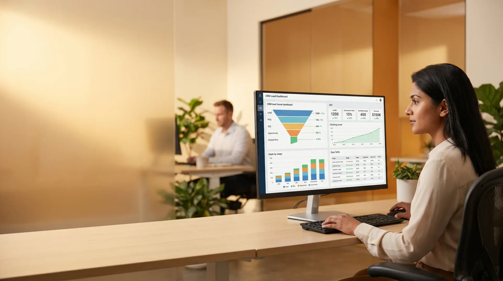 Lead generation analyst reviewing funnel drop-off data on laptop with warm desk lamp and natural light, side angle view Lead generation analyst reviewing funnel drop-off data on laptop with warm desk lamp and natural light, side angle view