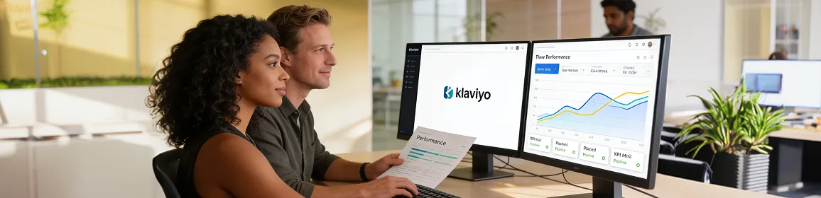 Two-person marketing team reviewing Klaviyo lead capture flow performance graphs on dual screens with natural morning light, side profile view Two-person marketing team reviewing Klaviyo lead capture flow performance graphs on dual screens with natural morning light, side profile view