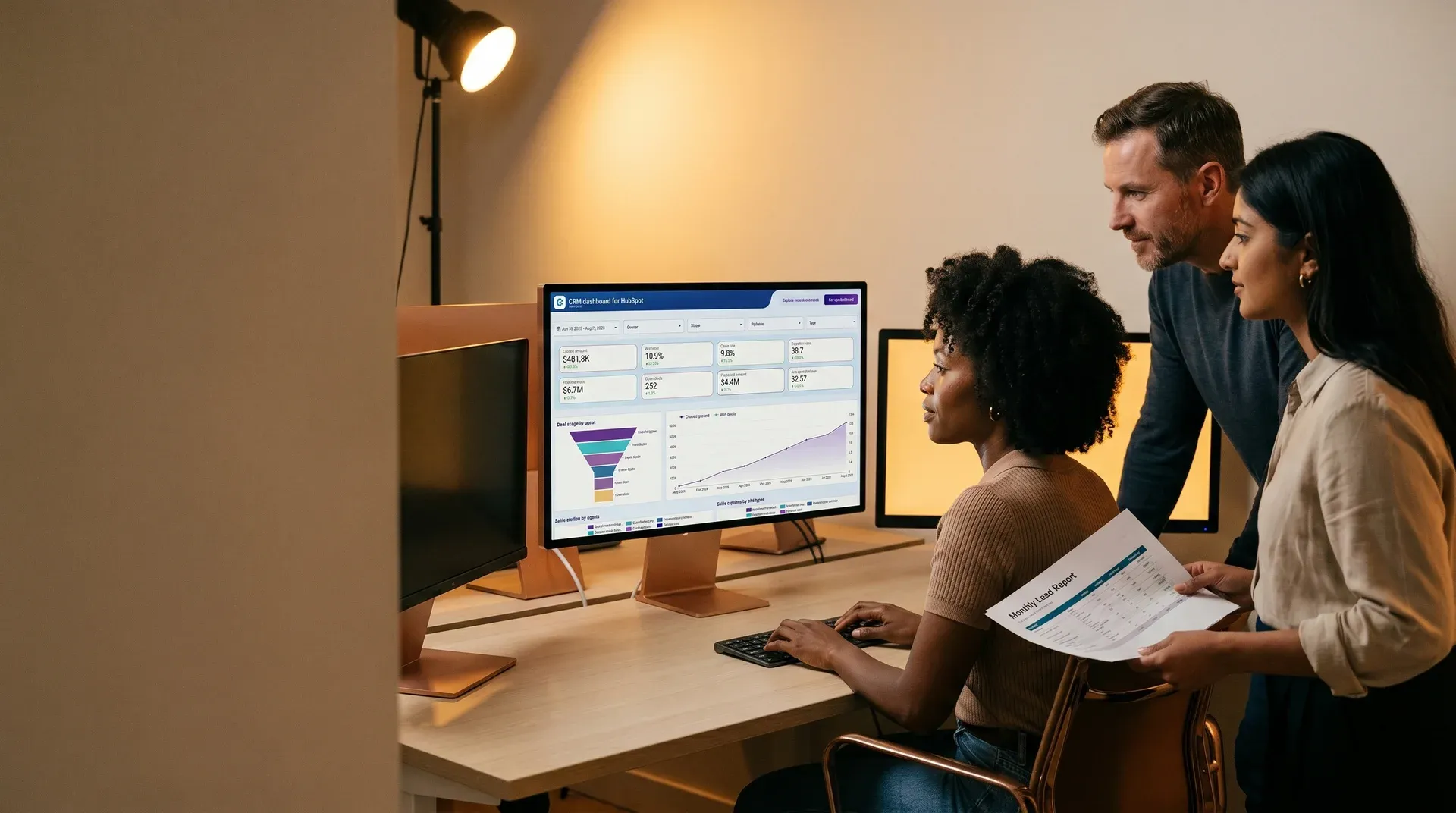 Agency marketing team reviewing lead generation dashboard across multiple monitors in a low-lit studio, warm amber screen glow, side profile view Agency marketing team reviewing lead generation dashboard across multiple monitors in a low-lit studio, warm amber screen glow, side profile view