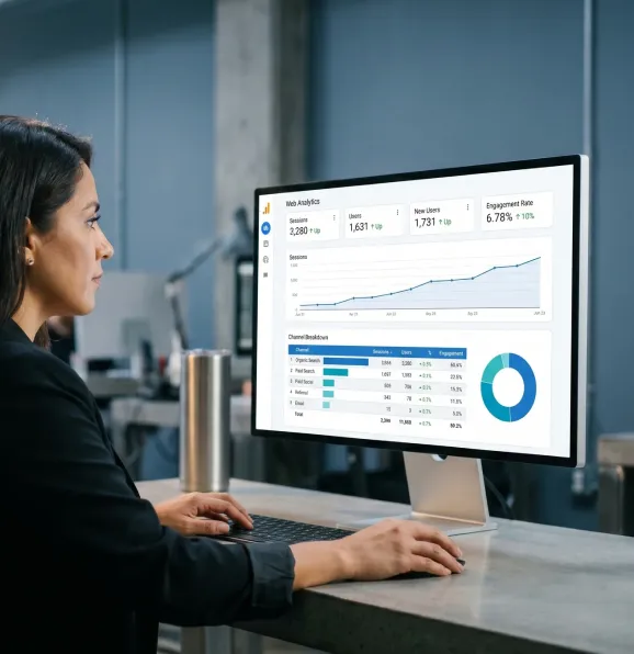 Marketing strategist reviewing multi-channel traffic acquisition performance on large monitor, warm desk lamp side lighting, left profile Marketing strategist reviewing multi-channel traffic acquisition performance on large monitor, warm desk lamp side lighting, left profile