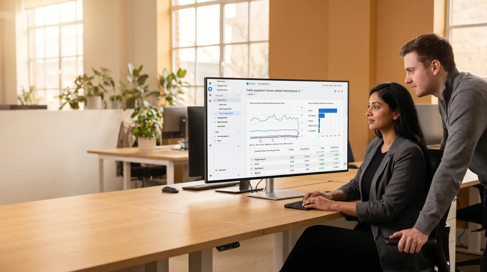Analytics team reviewing website traffic reports on dashboard screens with warm screen glow, side angle at wide desk Analytics team reviewing website traffic reports on dashboard screens with warm screen glow, side angle at wide desk