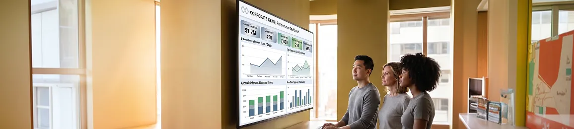 Corporate Gear team reviewing traffic analytics and revenue data on office display wall at standing desks Corporate Gear team reviewing traffic analytics and revenue data on office display wall at standing desks