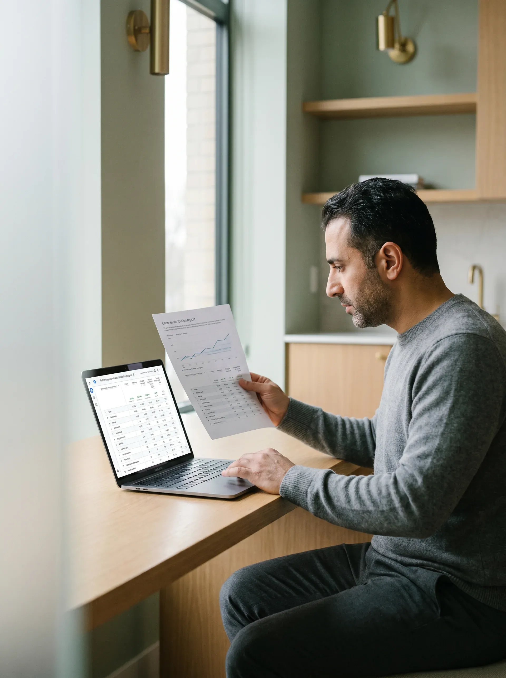 Website traffic analyst reviewing attribution report at desk with natural morning light and focused expression Website traffic analyst reviewing attribution report at desk with natural morning light and focused expression