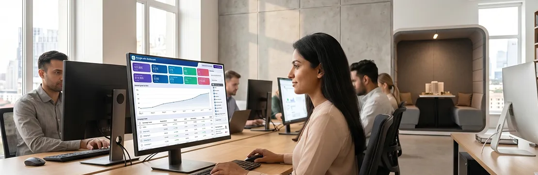 Paid media specialist reviewing Google Ads campaign performance dashboard on large monitor, warm natural window light from left, right profile view Paid media specialist reviewing Google Ads campaign performance dashboard on large monitor, warm natural window light from left, right profile view