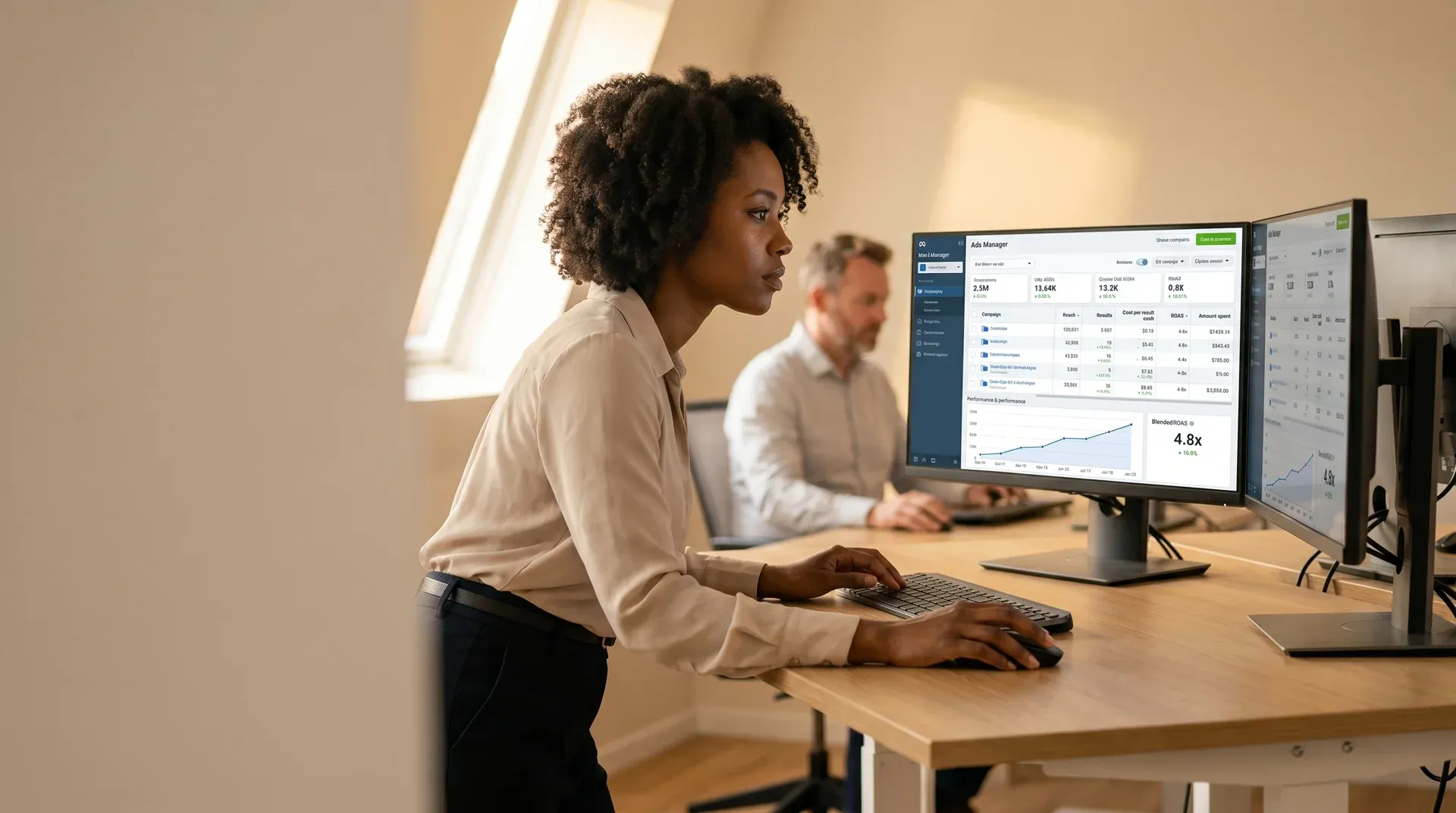 Meta ads media buyer at standing desk with dual monitors showing Meta Ads Manager campaign data in warm screen glow Meta ads media buyer at standing desk with dual monitors showing Meta Ads Manager campaign data in warm screen glow
