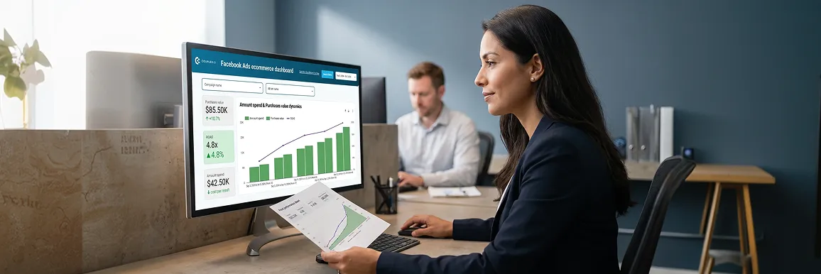Marketing leader at desk reviewing Meta Ads Manager with true return on ad spend now clear and climbing, calm and confident under natural light Marketing leader at desk reviewing Meta Ads Manager with true return on ad spend now clear and climbing, calm and confident under natural light