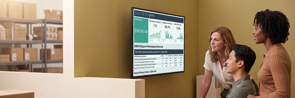 Switch 2 Pure commerce team at fulfillment station reviewing paid advertising revenue milestone on a Meta Ads report with warm light Switch 2 Pure commerce team at fulfillment station reviewing paid advertising revenue milestone on a Meta Ads report with warm light