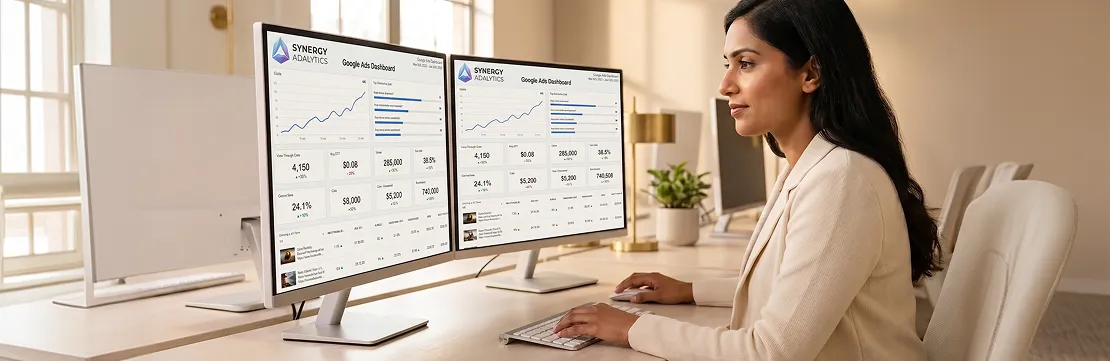Video marketing specialist reviewing YouTube campaign analytics on dual monitors with warm natural window light, side profile view