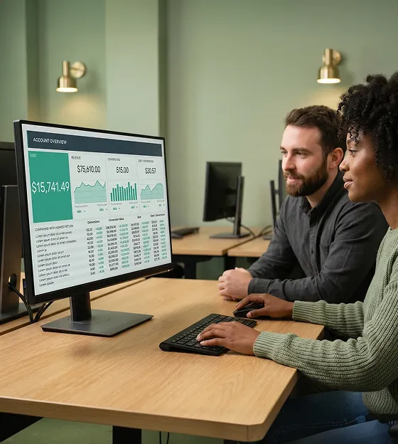 Digital advertising team at adjacent workstations reviewing video campaign performance on large monitors, screen glow key light, side angle
