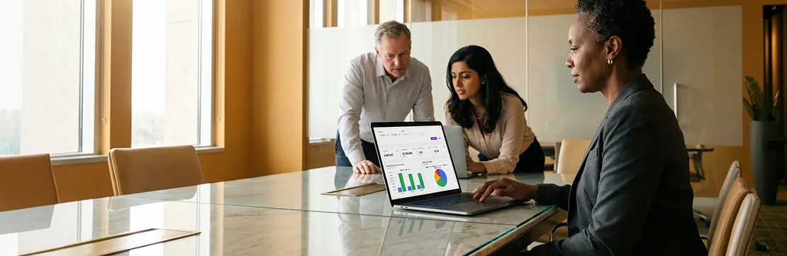 Senior executive at glass boardroom table reviewing laptop, natural daylight through floor-to-ceiling windows, professional B2B workspace setting Senior executive at glass boardroom table reviewing laptop, natural daylight through floor-to-ceiling windows, professional B2B workspace setting