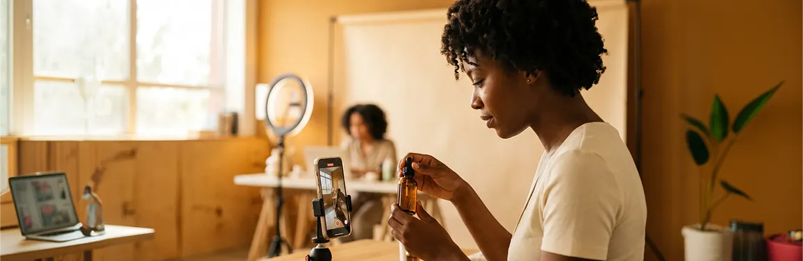 Creator filming vertical TikTok product video on phone with natural window light and focused expression Creator filming vertical TikTok product video on phone with natural window light and focused expression