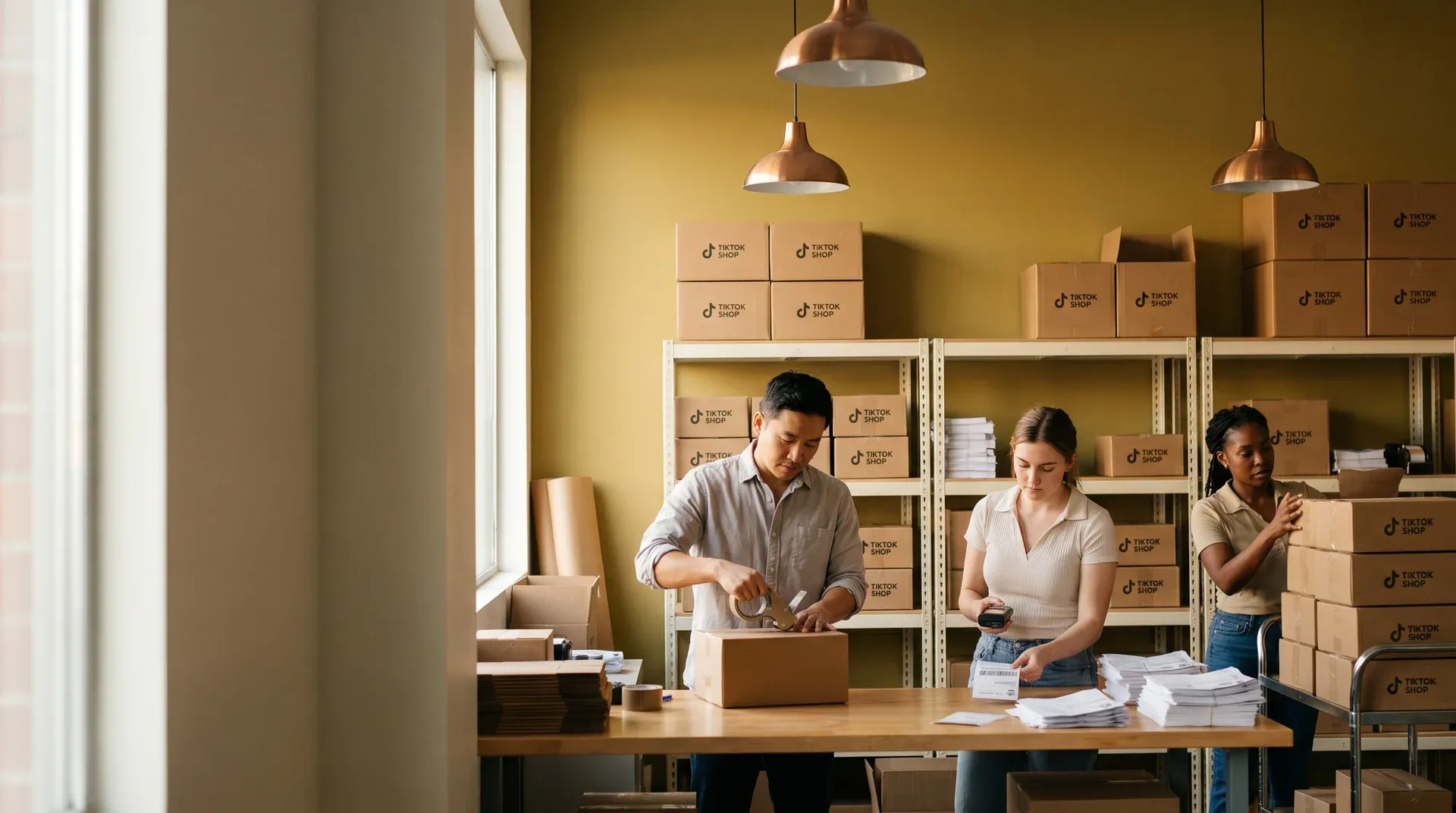 Small brand team at packing station fulfilling high-volume orders from TikTok advertising campaign with warm overhead light Small brand team at packing station fulfilling high-volume orders from TikTok advertising campaign with warm overhead light