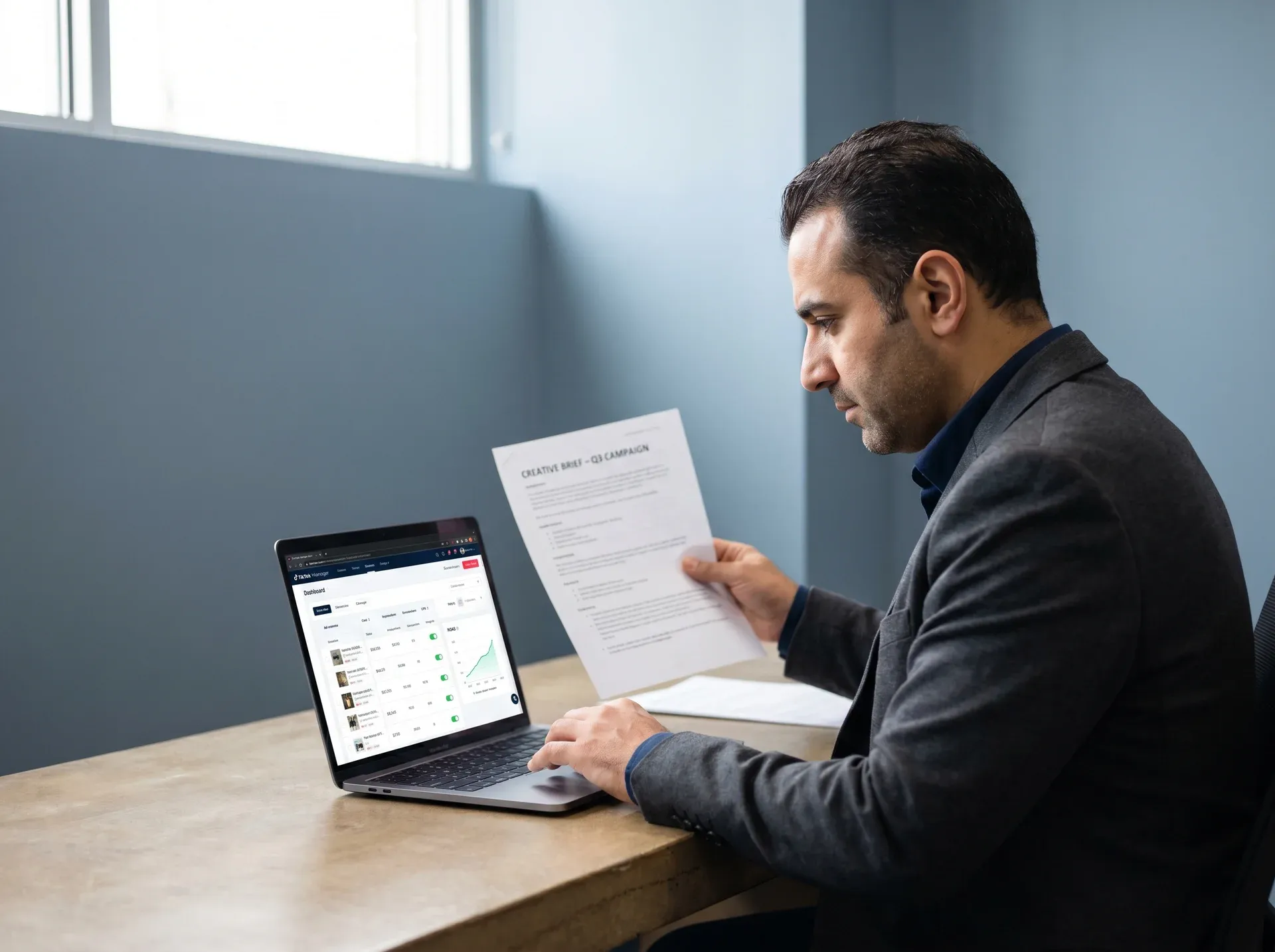 TikTok ads strategist reviewing printed creative brief document at desk with natural morning light