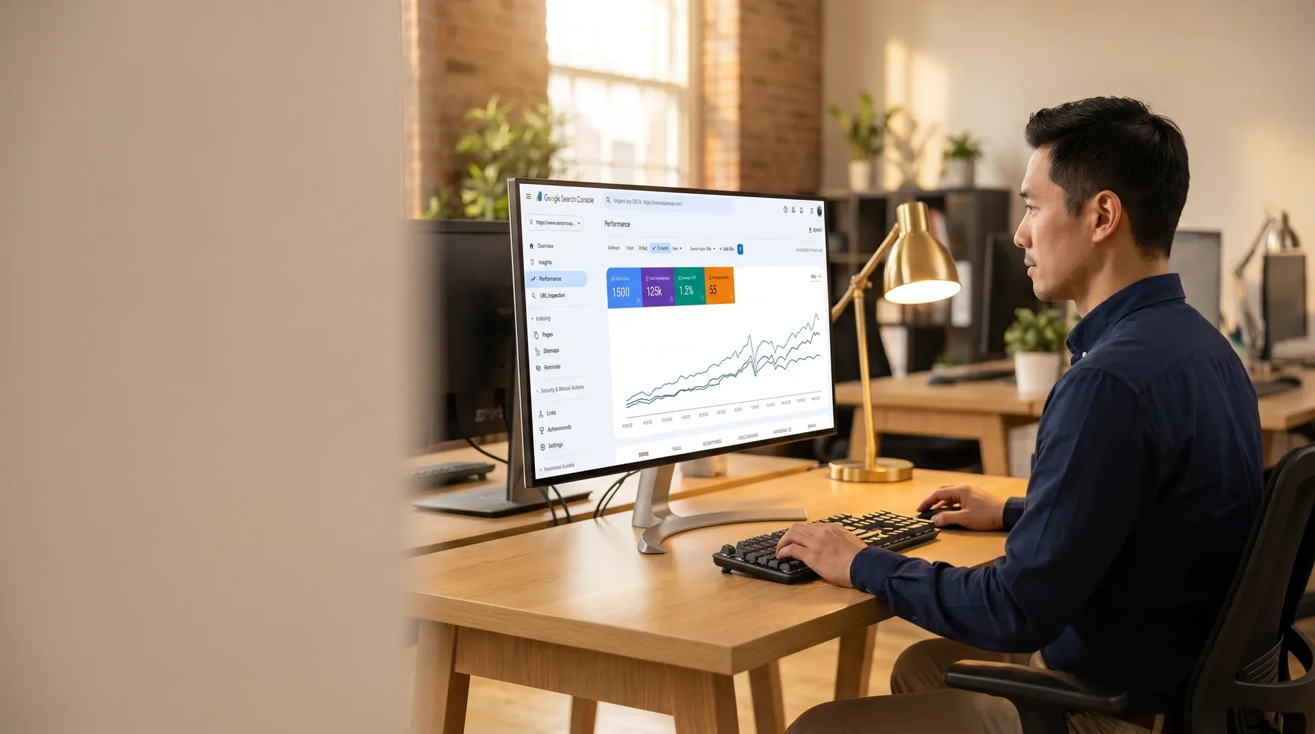 SEO consultant reviewing Google Search Console coverage report on wide monitor with screen glow lighting SEO consultant reviewing Google Search Console coverage report on wide monitor with screen glow lighting