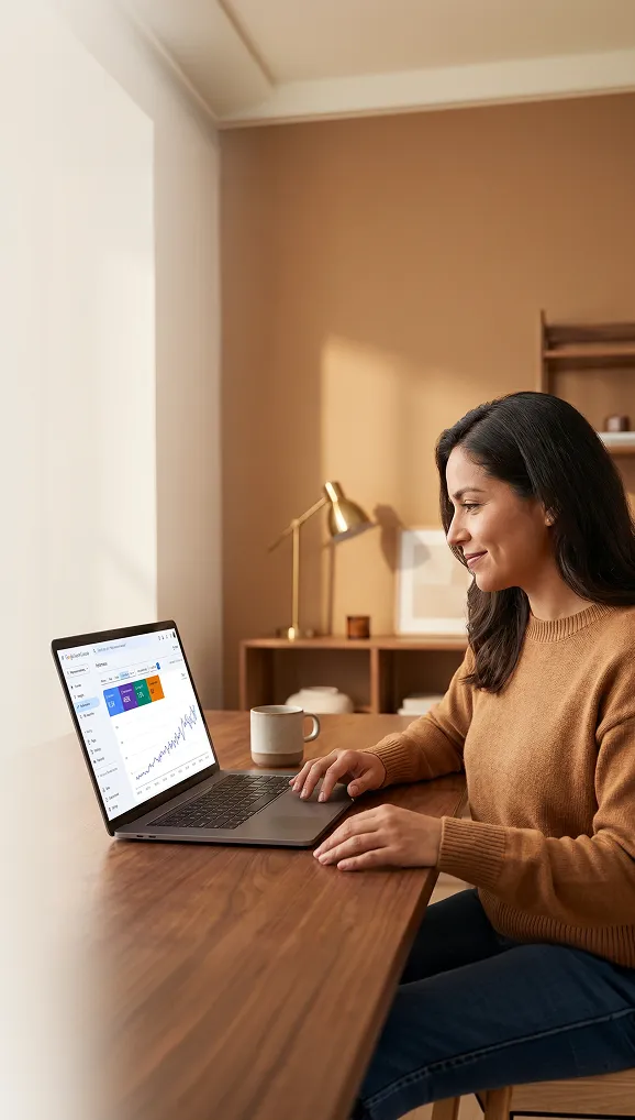 Ecommerce brand founder reviewing GSC search performance growth chart on laptop with warm natural morning light, satisfied expression, visible upward traffic trend Ecommerce brand founder reviewing GSC search performance growth chart on laptop with warm natural morning light, satisfied expression, visible upward traffic trend