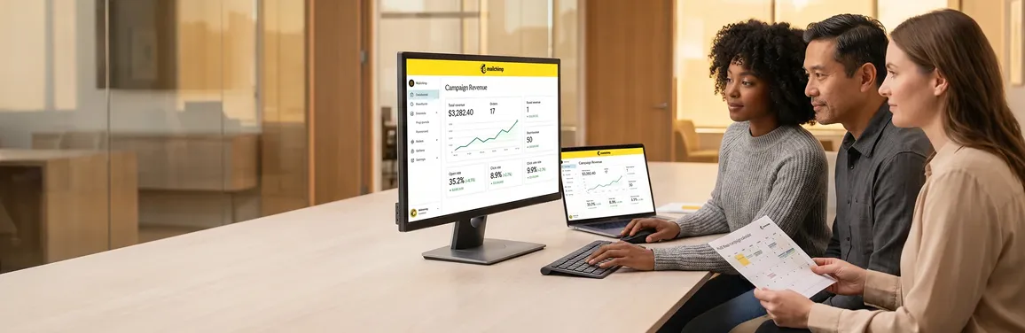 Email marketing team reviewing campaign calendars and performance reports at wide desks with warm natural light Email marketing team reviewing campaign calendars and performance reports at wide desks with warm natural light