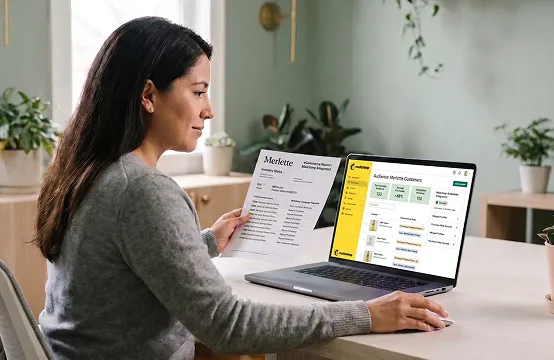 Email marketing manager reviewing printed campaign performance report at desk with natural side window light Email marketing manager reviewing printed campaign performance report at desk with natural side window light