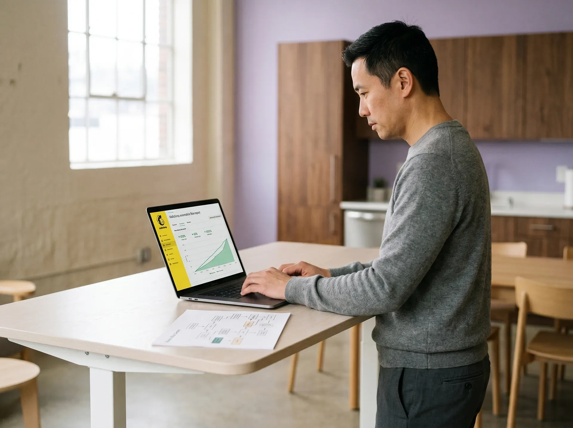 Mailchimp email marketing strategist reviewing automation flow diagram at standing desk with morning window light