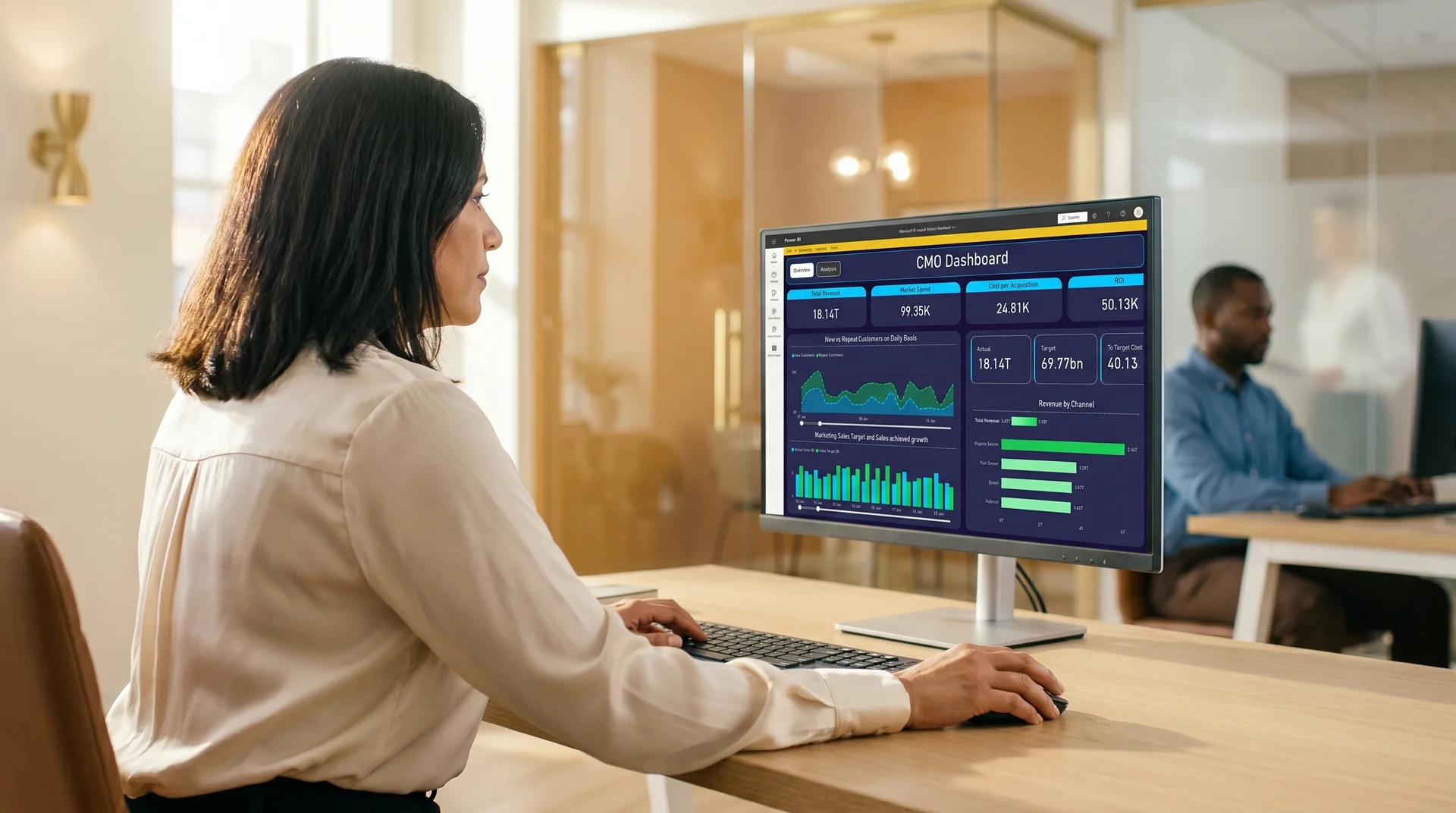 Chief marketing officer reviewing a unified analytics and reporting dashboard on a large monitor in a natural light office Chief marketing officer reviewing a unified analytics and reporting dashboard on a large monitor in a natural light office