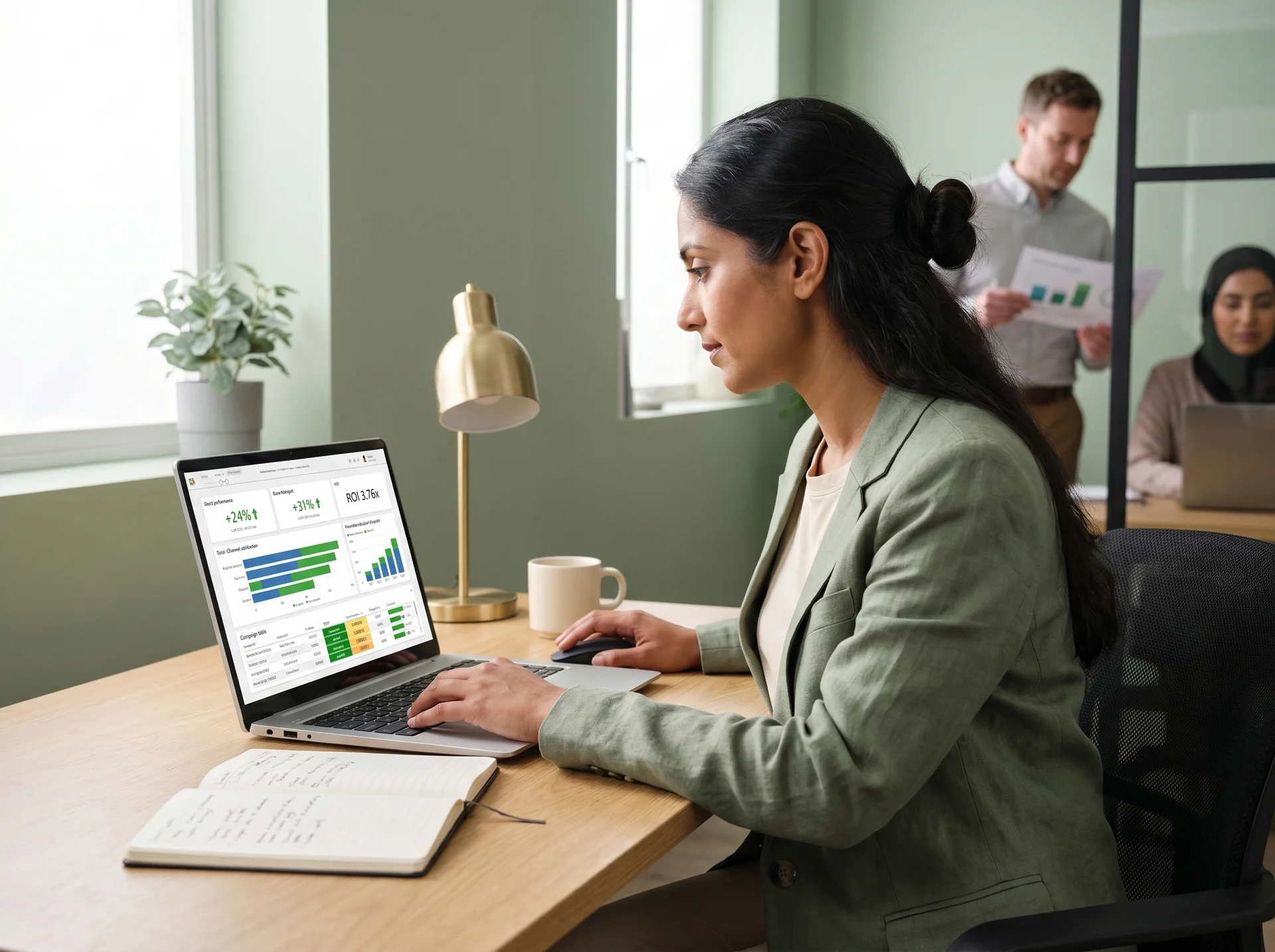 Marketing director reviewing unified analytics on a Power BI dashboard at a calm light-oak desk, three-quarter rear angle, healthy unified data after analytics overhaul Marketing director reviewing unified analytics on a Power BI dashboard at a calm light-oak desk, three-quarter rear angle, healthy unified data after analytics overhaul