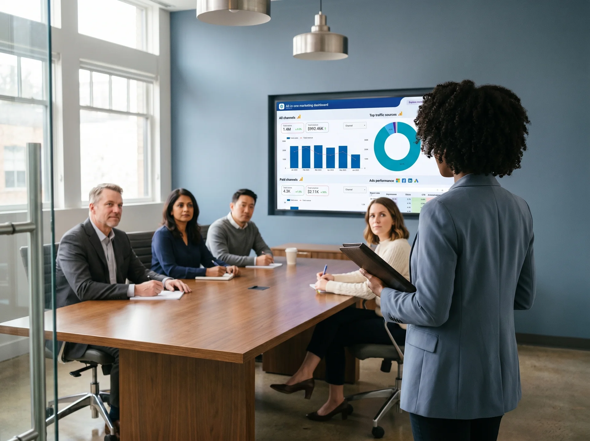 Marketing analyst presenting monthly performance report to leadership team, wide angle, behind presenter, natural window light in a modern meeting room Marketing analyst presenting monthly performance report to leadership team, wide angle, behind presenter, natural window light in a modern meeting room