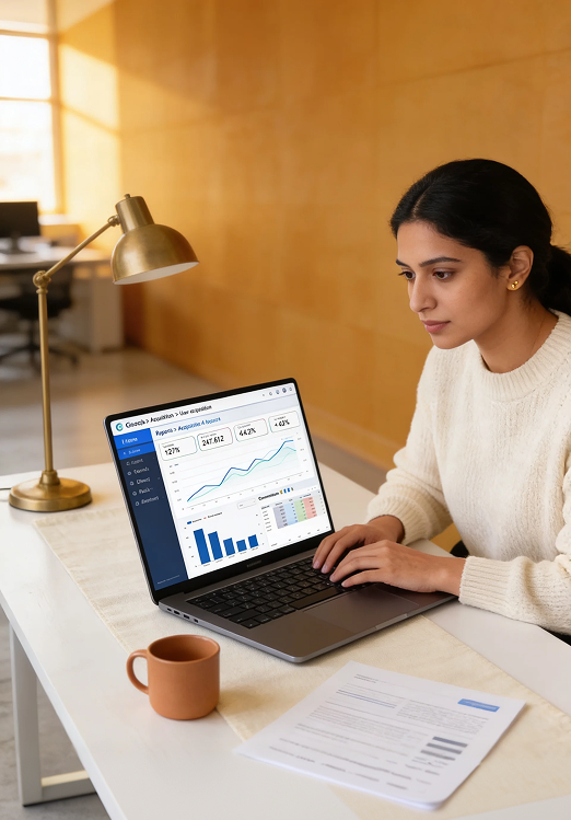 Marketing analyst reviewing a GA4 audit dashboard showing traffic, conversion, and campaign performance Marketing analyst reviewing a GA4 audit dashboard showing traffic, conversion, and campaign performance