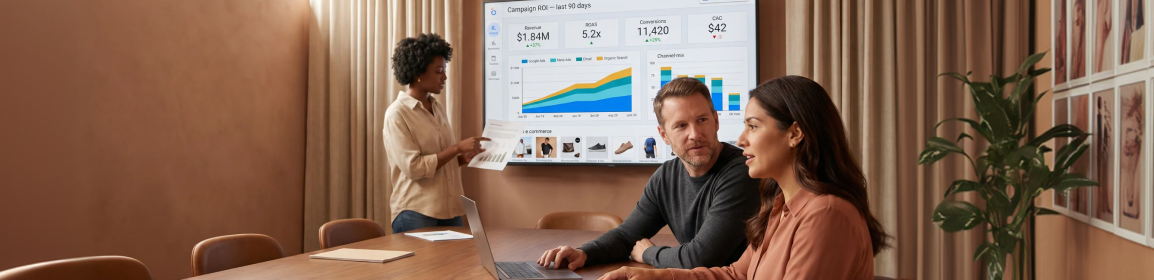 Digital marketing team reviewing campaign ROI results across Google Ads and SEO dashboards Digital marketing team reviewing campaign ROI results across Google Ads and SEO dashboards