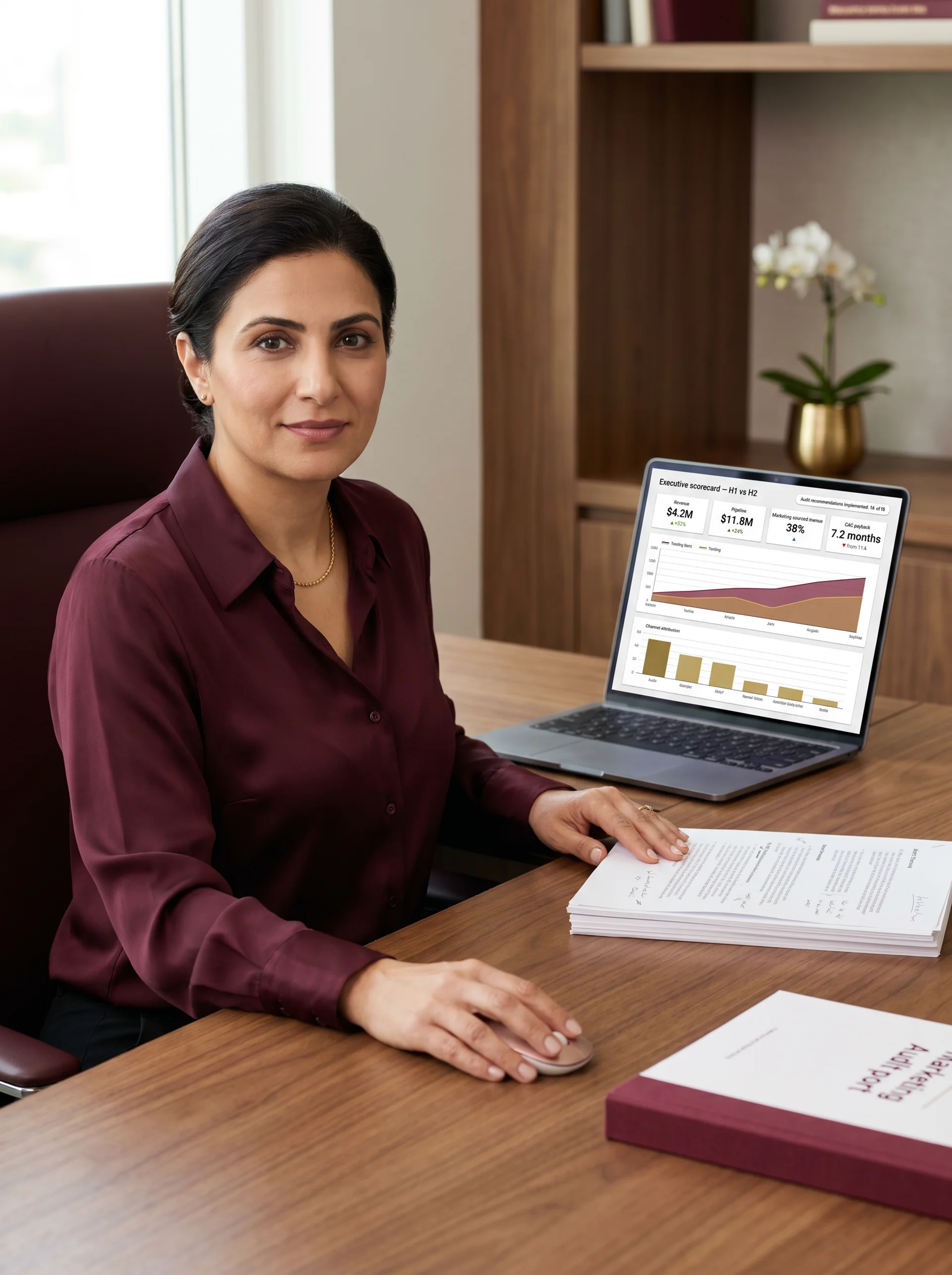 Marketing director reviewing a comprehensive audit report with growth metrics and revenue uplift data Marketing director reviewing a comprehensive audit report with growth metrics and revenue uplift data