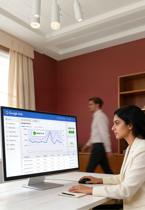 Marketing strategist reviewing Google Ads campaign dashboard with performance metrics Marketing strategist reviewing Google Ads campaign dashboard with performance metrics
