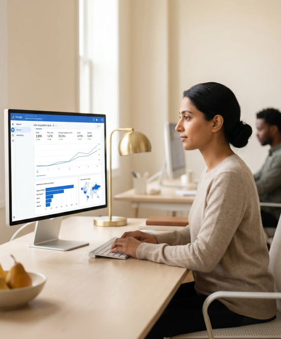Marketing strategist reviewing GA4 analytics dashboard showing campaign growth Marketing strategist reviewing GA4 analytics dashboard showing campaign growth