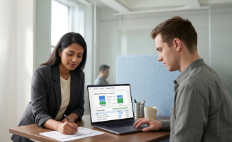 A senior marketing strategist and a performance analyst reviewing a unified revenue dashboard with multi-channel attribution A senior marketing strategist and a performance analyst reviewing a unified revenue dashboard with multi-channel attribution
